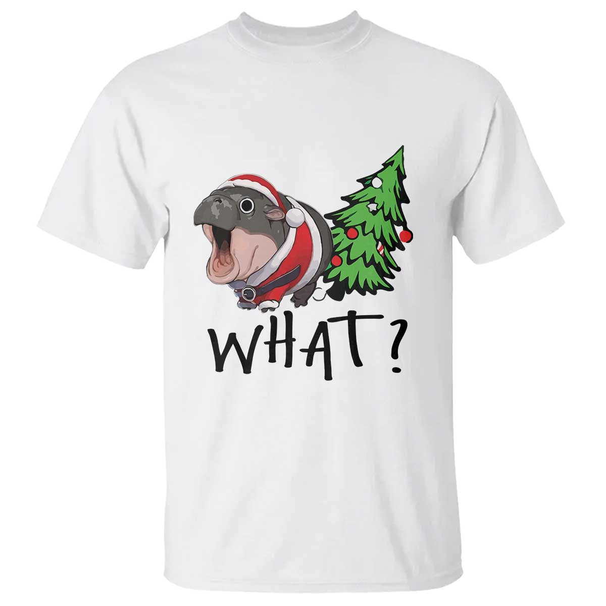 Funny Christmas Moo Deng T Shirt What Baby Hippo Pushing Christmas Tree TS09 White Print Your Wear