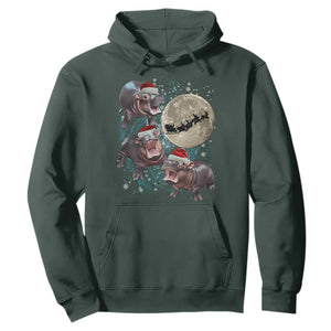 Funny Christmas Moo Deng Hoodie Baby Hippo Santa Sleigh Galaxy Outer Space TS09 Dark Forest Green Print Your Wear