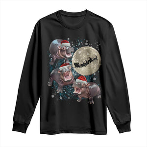 Funny Christmas Moo Deng Long Sleeve Shirt Baby Hippo Santa Sleigh Galaxy Outer Space TS09 Black Print Your Wear