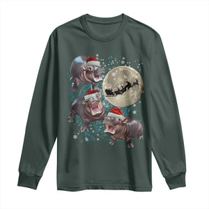 Funny Christmas Moo Deng Long Sleeve Shirt Baby Hippo Santa Sleigh Galaxy Outer Space TS09 Dark Forest Green Print Your Wear