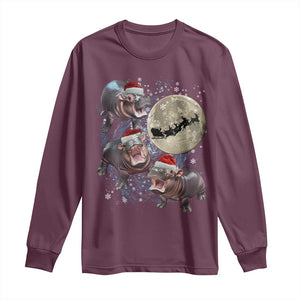 Funny Christmas Moo Deng Long Sleeve Shirt Baby Hippo Santa Sleigh Galaxy Outer Space TS09 Maroon Print Your Wear