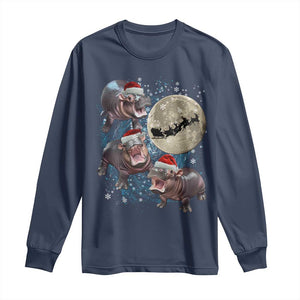 Funny Christmas Moo Deng Long Sleeve Shirt Baby Hippo Santa Sleigh Galaxy Outer Space TS09 Navy Print Your Wear