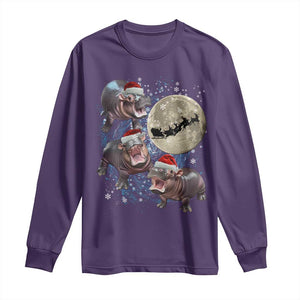 Funny Christmas Moo Deng Long Sleeve Shirt Baby Hippo Santa Sleigh Galaxy Outer Space TS09 Purple Print Your Wear