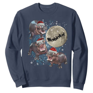 Funny Christmas Moo Deng Sweatshirt Baby Hippo Santa Sleigh Galaxy Outer Space TS09 Navy Print Your Wear