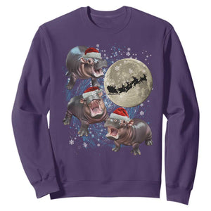 Funny Christmas Moo Deng Sweatshirt Baby Hippo Santa Sleigh Galaxy Outer Space TS09 Purple Print Your Wear