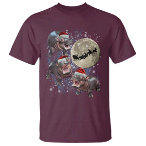 Funny Christmas Moo Deng T Shirt Baby Hippo Santa Sleigh Galaxy Outer Space TS09 Maroon Print Your Wear