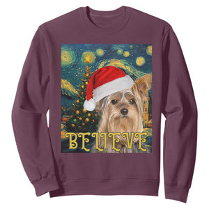 Funny Xmas Yorkshire Sweatshirt Believe Christmas Starry Night Dog Lover TS09 Maroon Print Your Wear