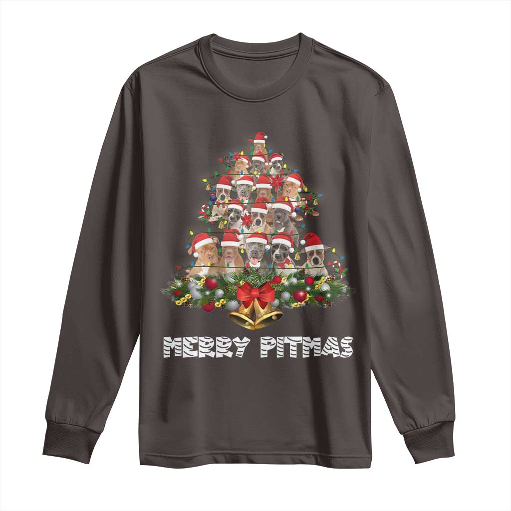 Funny Xmas Pitbull Long Sleeve Shirt Merry Pitmas Christmas Tree Dog Lover TS09 Dark Chocolate Print Your Wear