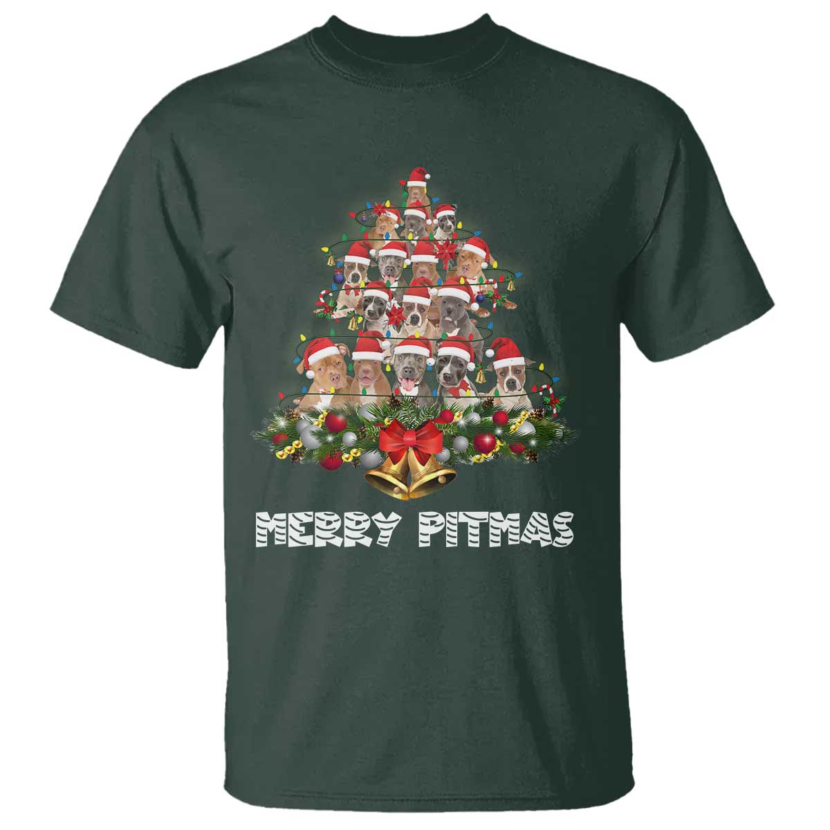 Funny Xmas Pitbull T Shirt Merry Pitmas Christmas Tree Dog Lover TS09 Dark Forest Green Print Your Wear