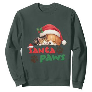 Funny Christmas Santa Paws Dogs And Cats Sweatshirt TS09 Dark Forest Green Print Your Wear