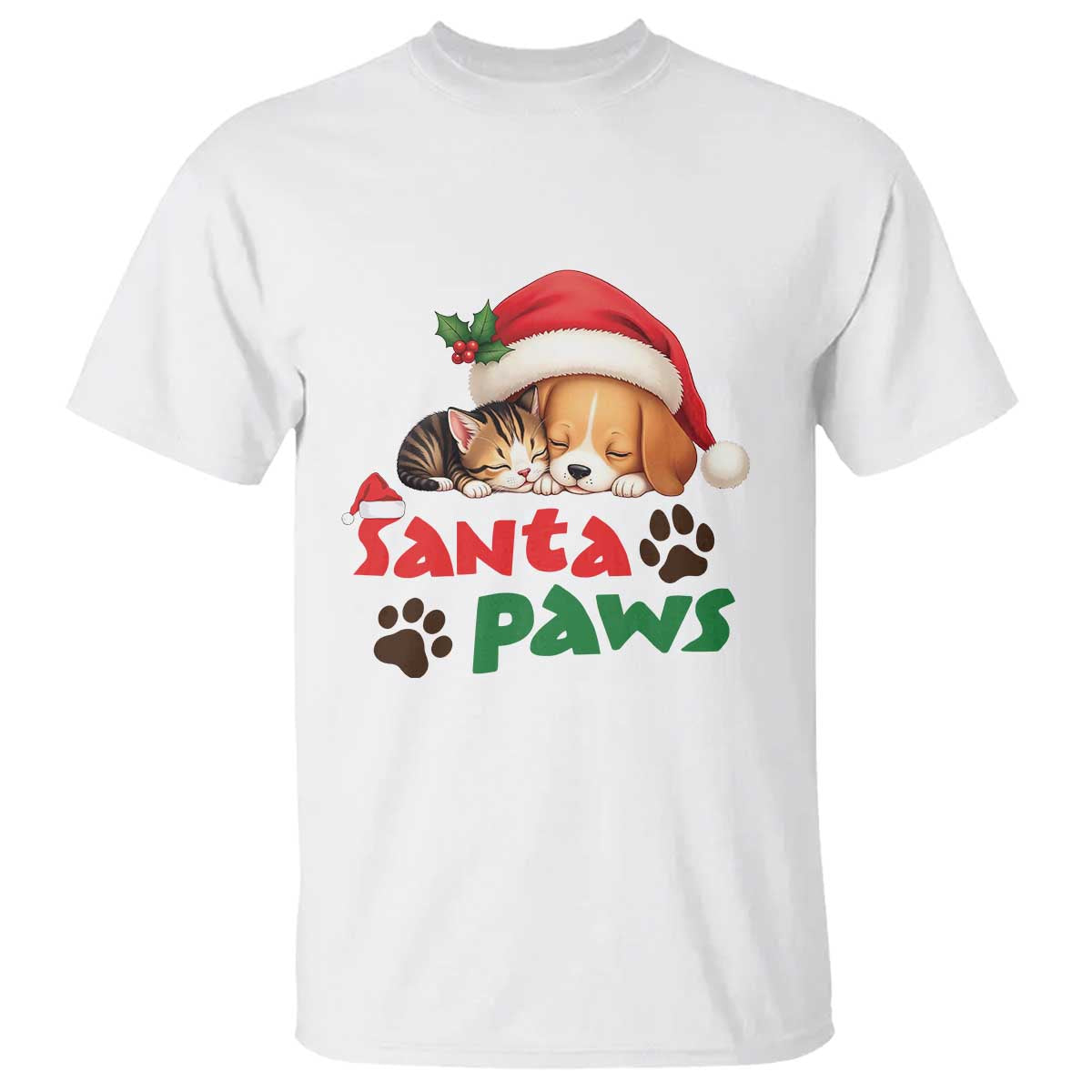 Funny Christmas Santa Paws Dogs And Cats T Shirt TS09 White Print Your Wear