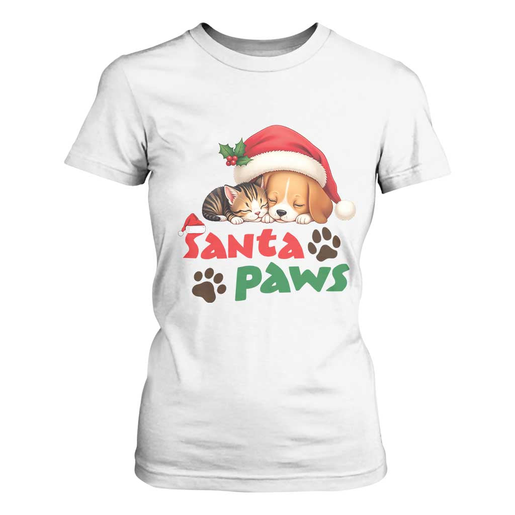 Funny Christmas Santa Paws Dogs And Cats T Shirt For Women TS09 White Print Your Wear