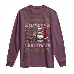 Funny Xmas Grilling Long Sleeve Shirt Smokey Christmas BBQ Santa Grill Roast On Smoker TS09 Maroon Print Your Wear