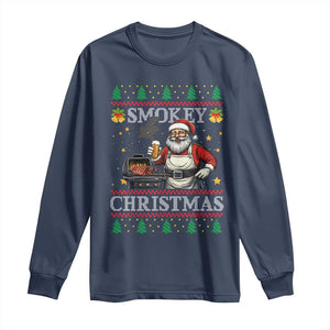 Funny Xmas Grilling Long Sleeve Shirt Smokey Christmas BBQ Santa Grill Roast On Smoker TS09 Navy Print Your Wear