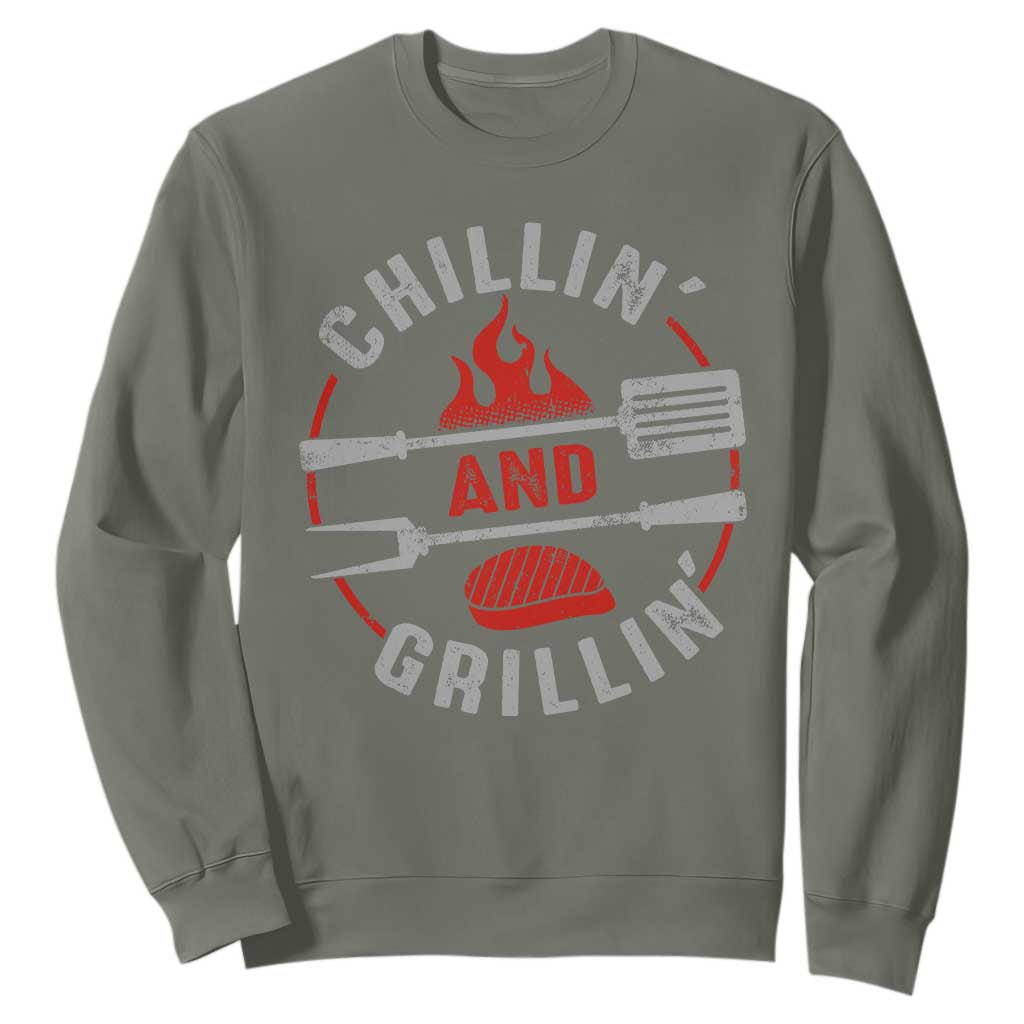 Funny BBQ Lover Sweatshirt Chillin And Grillin Smoker Grilling Pitmaster TS09 Military Green Print Your Wear