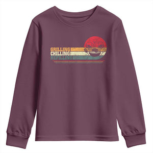 Funny BBQ Lover Youth Sweatshirt Grilling Chillin' Refillin Beer Drinking Smoker Grilling Pitmaster TS09 Maroon Print Your Wear