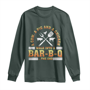 Funny BBQ Lover Long Sleeve Shirt A Cow A Pig And A Chicken Walk Into A Bar B Q Barbecue Pitmaster TS09 Dark Forest Green Print Your Wear