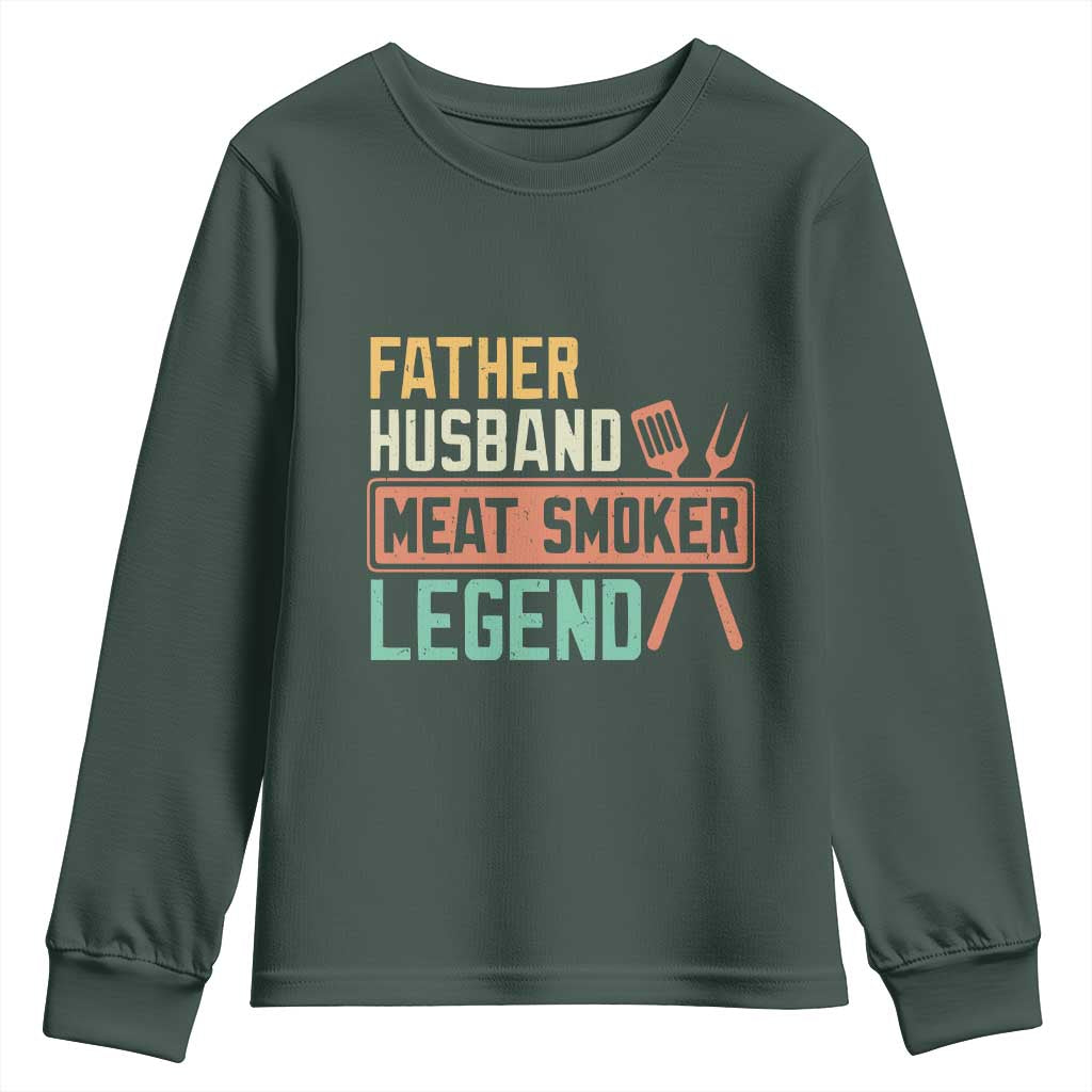 Funny BBQ Grilling Pitmaster Youth Sweatshirt Father Husband Meat Smoker Legend Retro TS09 Dark Forest Green Print Your Wear