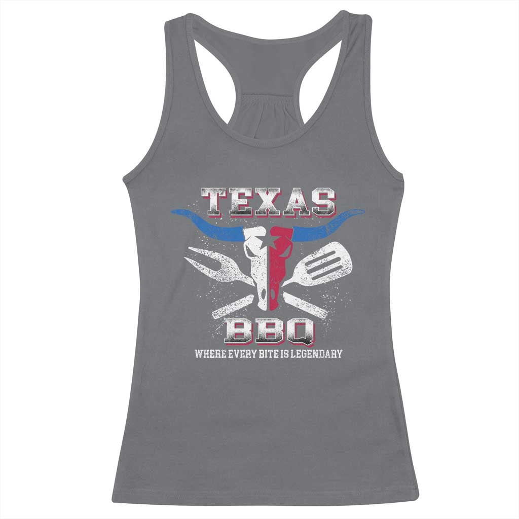 Texas BBQ Lover Racerback Tank Top Where Every Bite Is Legendary Texan Flag TS09 Charcoal Print Your Wear