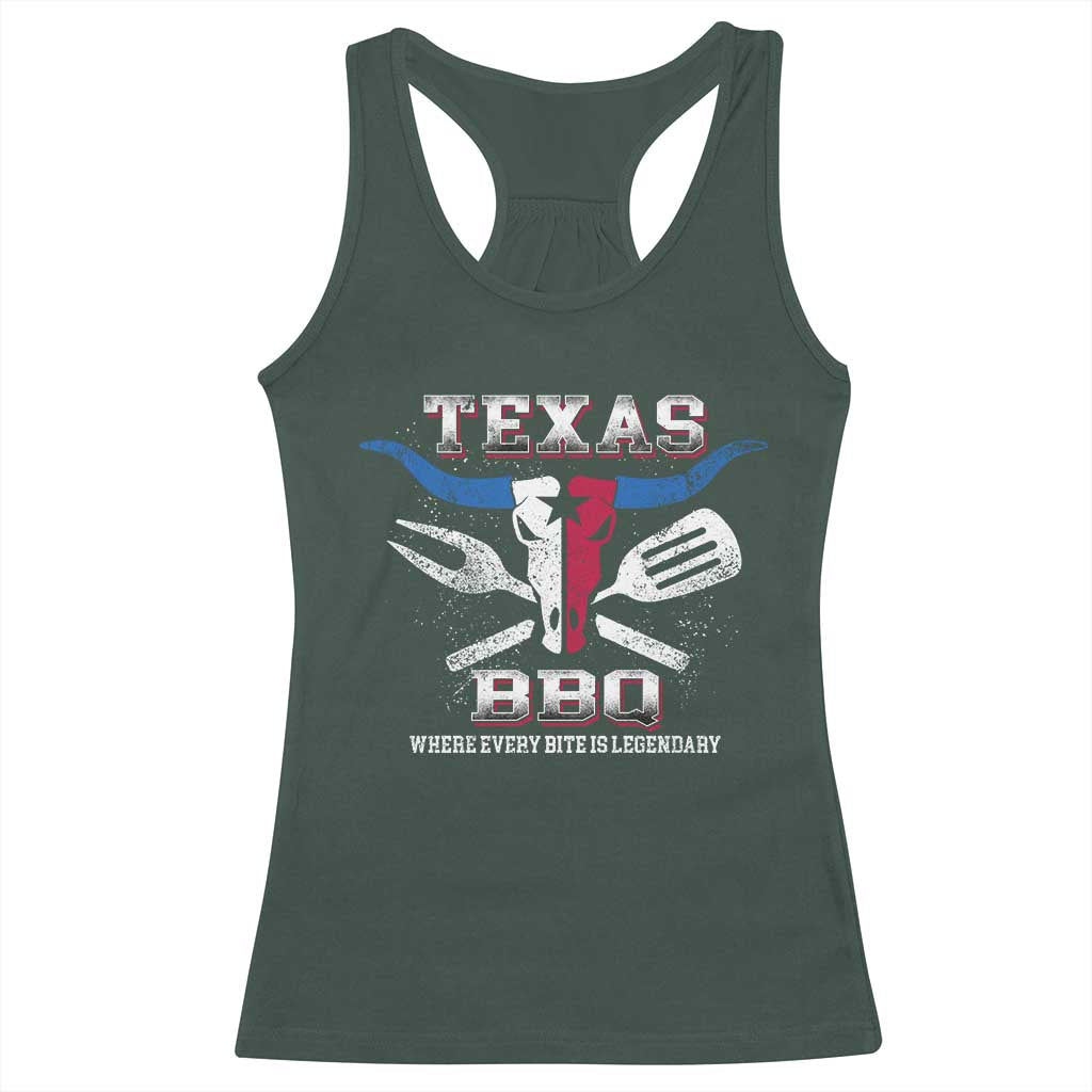 Texas BBQ Lover Racerback Tank Top Where Every Bite Is Legendary Texan Flag TS09 Dark Forest Green Print Your Wear