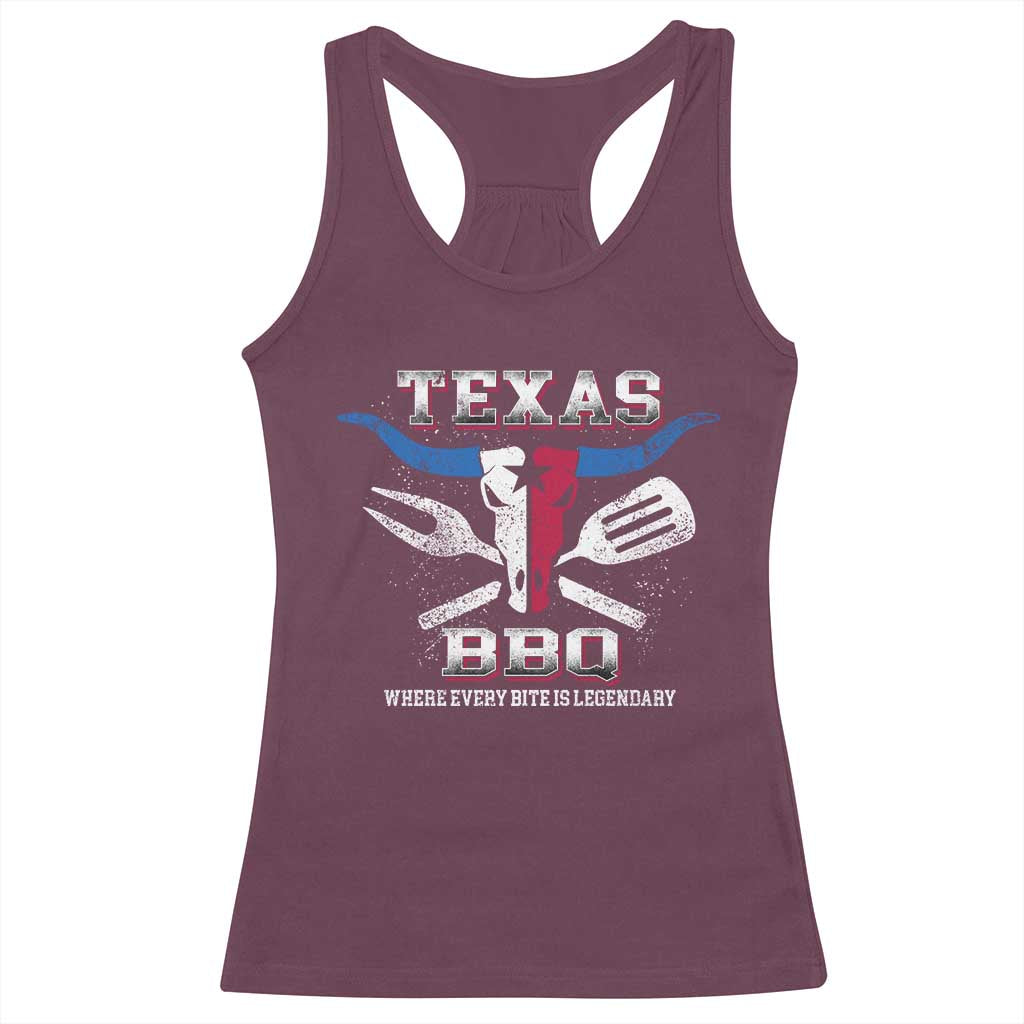 Texas BBQ Lover Racerback Tank Top Where Every Bite Is Legendary Texan Flag TS09 Maroon Print Your Wear