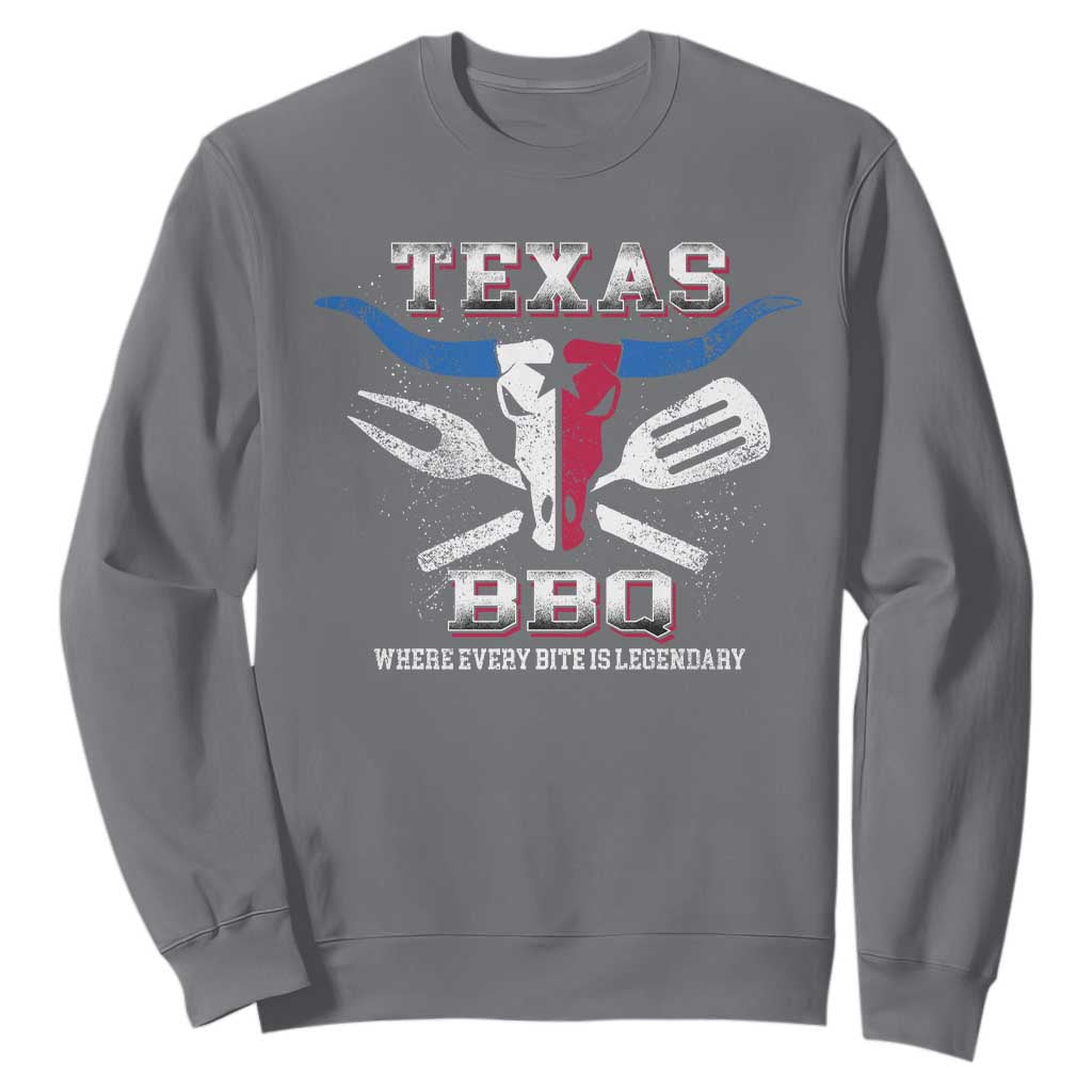 Texas BBQ Lover Sweatshirt Where Every Bite Is Legendary Texan Flag TS09 Charcoal Print Your Wear