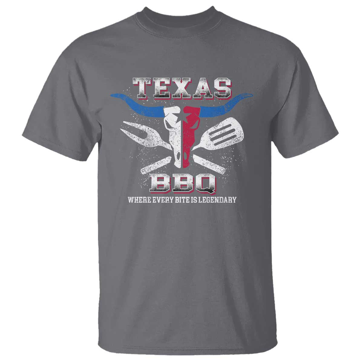 Texas BBQ Lover T Shirt Where Every Bite Is Legendary Texan Flag TS09 Charcoal Print Your Wear