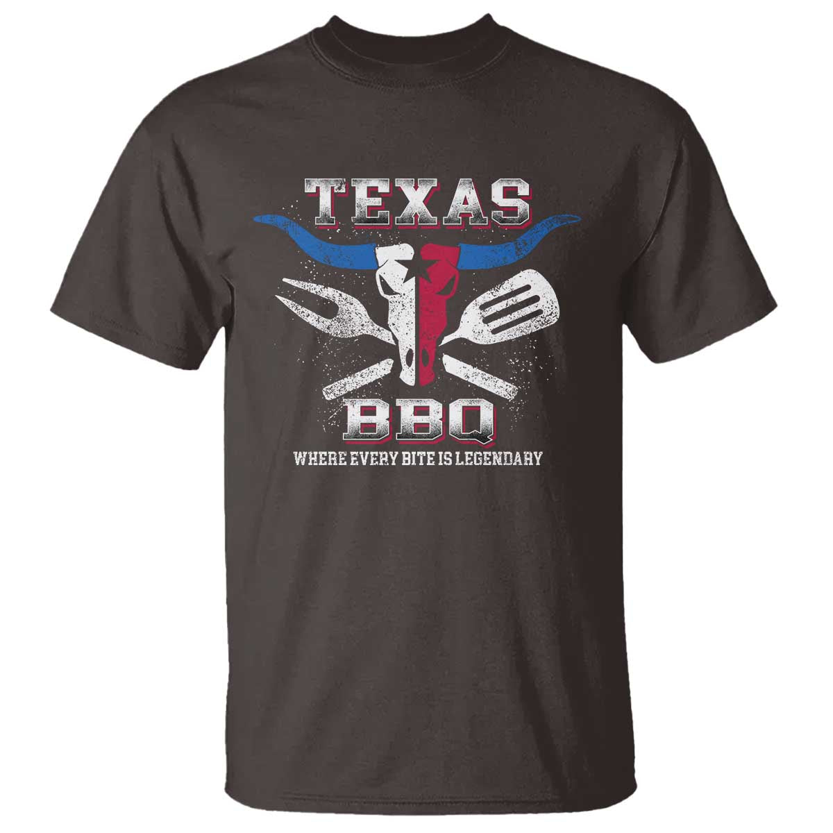 Texas BBQ Lover T Shirt Where Every Bite Is Legendary Texan Flag TS09 Dark Chocolate Print Your Wear
