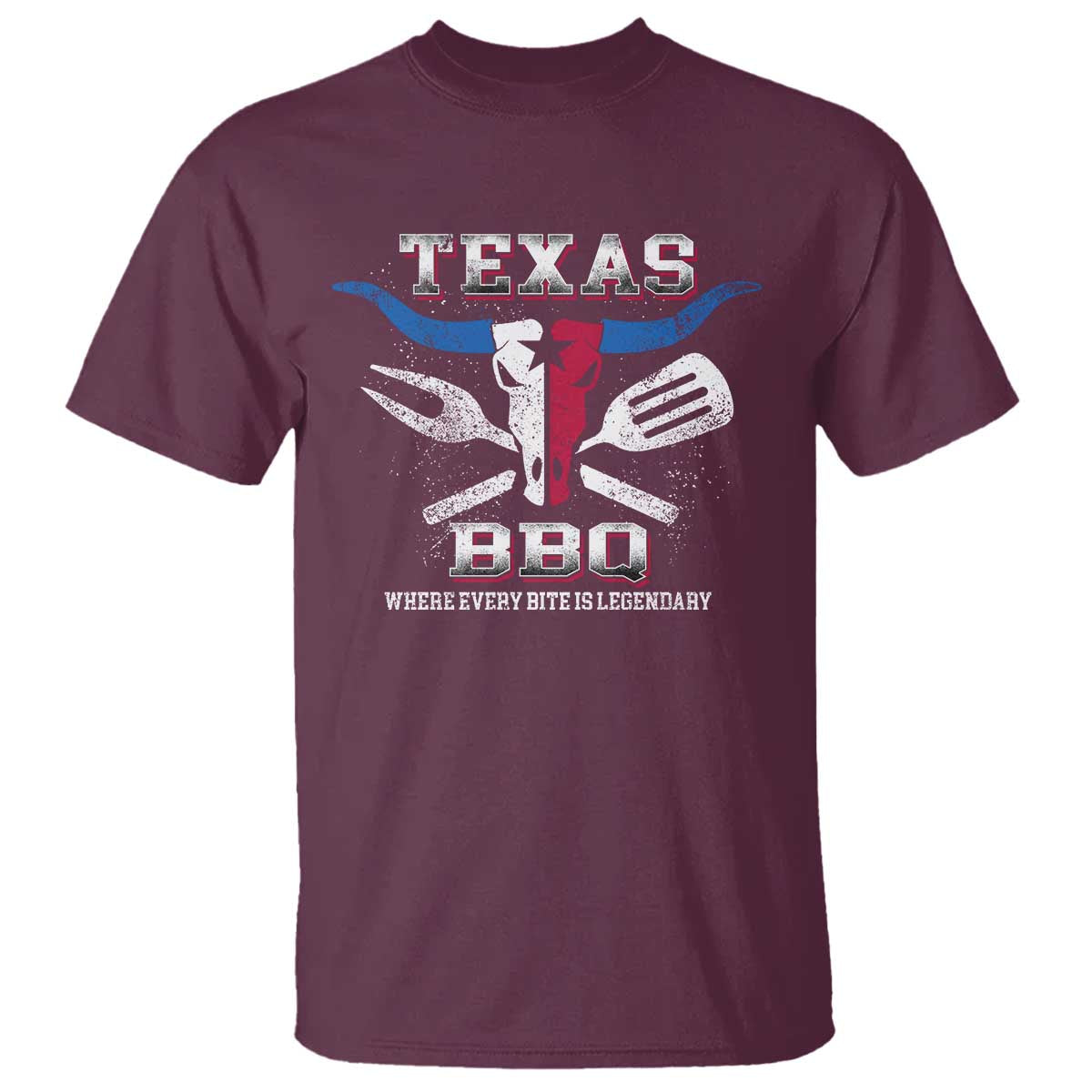 Texas BBQ Lover T Shirt Where Every Bite Is Legendary Texan Flag TS09 Maroon Print Your Wear