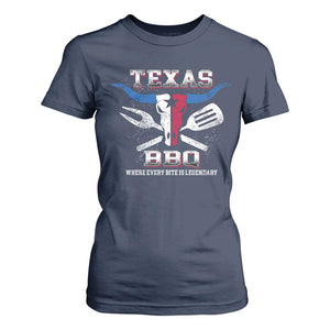 Texas BBQ Lover T Shirt For Women Where Every Bite Is Legendary Texan Flag TS09 Navy Print Your Wear