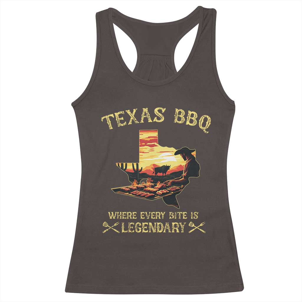 Texas BBQ Lover Racerback Tank Top Where Every Bite Is Legendary Cowboy Grilling Pitmaster TS09 Dark Chocolate Print Your Wear