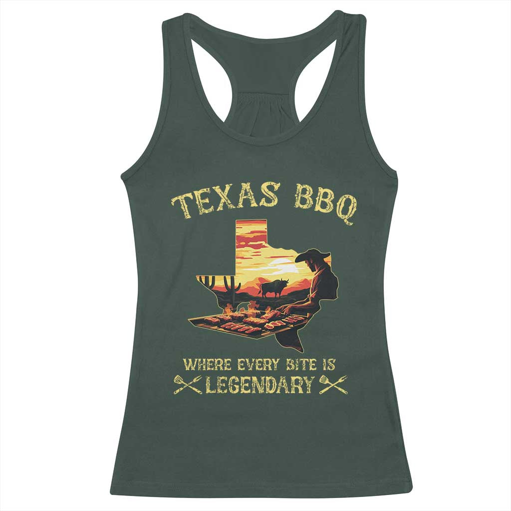 Texas BBQ Lover Racerback Tank Top Where Every Bite Is Legendary Cowboy Grilling Pitmaster TS09 Dark Forest Green Print Your Wear