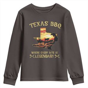 Texas BBQ Lover Youth Sweatshirt Where Every Bite Is Legendary Cowboy Grilling Pitmaster TS09 Dark Chocolate Print Your Wear