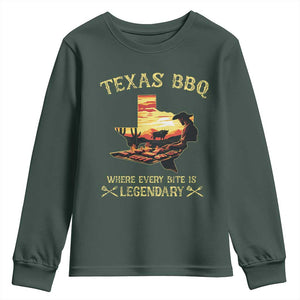 Texas BBQ Lover Youth Sweatshirt Where Every Bite Is Legendary Cowboy Grilling Pitmaster TS09 Dark Forest Green Print Your Wear