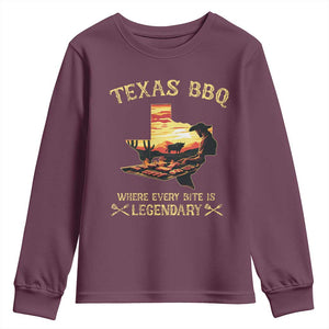 Texas BBQ Lover Youth Sweatshirt Where Every Bite Is Legendary Cowboy Grilling Pitmaster TS09 Maroon Print Your Wear