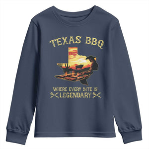 Texas BBQ Lover Youth Sweatshirt Where Every Bite Is Legendary Cowboy Grilling Pitmaster TS09 Navy Print Your Wear