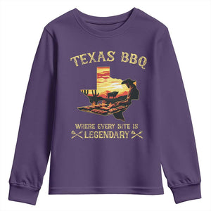 Texas BBQ Lover Youth Sweatshirt Where Every Bite Is Legendary Cowboy Grilling Pitmaster TS09 Purple Print Your Wear