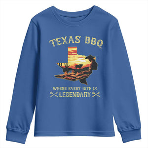 Texas BBQ Lover Youth Sweatshirt Where Every Bite Is Legendary Cowboy Grilling Pitmaster TS09 Royal Blue Print Your Wear