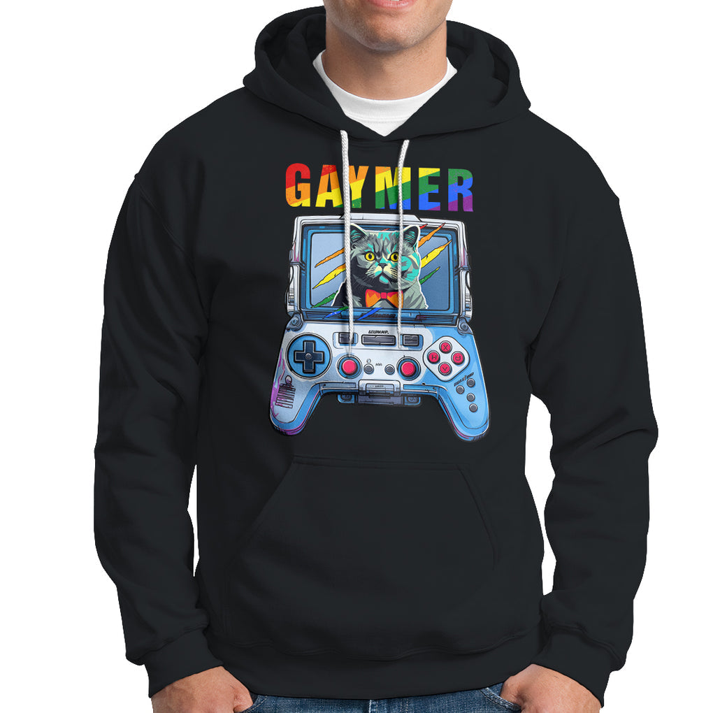 Gaymer Cat LGBT Gay Pride Rainbow Video Game Hoodie TS09 Black Printyourwear