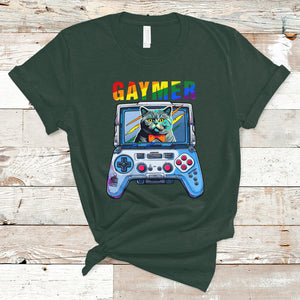 Gaymer Cat LGBT Gay Pride Rainbow Video Game T Shirt TS09 Dark Forest Green Printyourwear