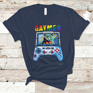 Gaymer Cat LGBT Gay Pride Rainbow Video Game T Shirt TS09 Navy Printyourwear