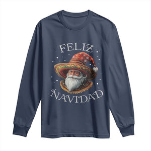 Funny Mexico Xmas Long Sleeve Shirt Santa Sombrero Feliz Navidad TS09 Navy Print Your Wear