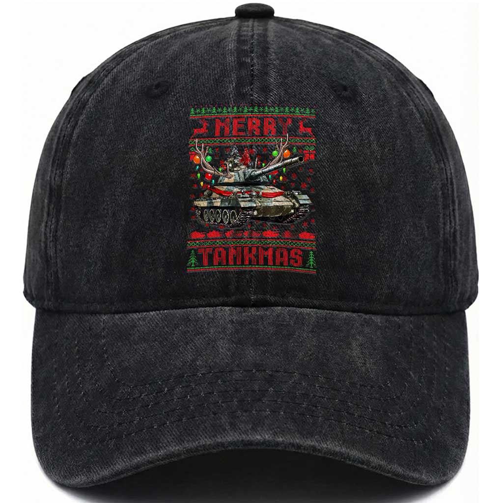 Funny Christmas Military Washed Cotton Baseball Cap Merry Tankmas Tank Veteran Army TS09 Washed Cap Universal Fit Black Print Your Wear