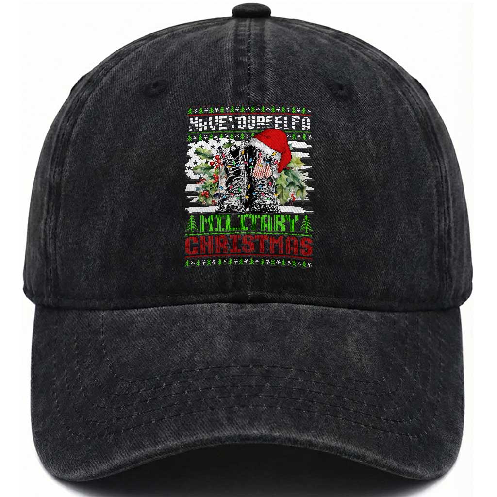 Funny Christmas Veteran Washed Cotton Baseball Cap Have Yourself A Military Christmas TS09 Washed Cap Universal Fit Black Print Your Wear