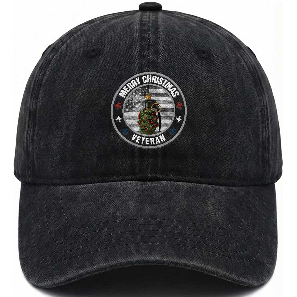 Merry Xmas Veteran Washed Cotton Baseball Cap Grenade Christmas Tree America Flag Patriotic TS09 Washed Cap Universal Fit Black Print Your Wear