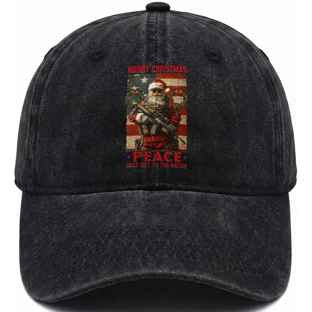 Christmas Veteran Washed Cotton Baseball Cap Peace Best Gift To The Nation Santa Army TS09 Washed Cap Universal Fit Black Print Your Wear