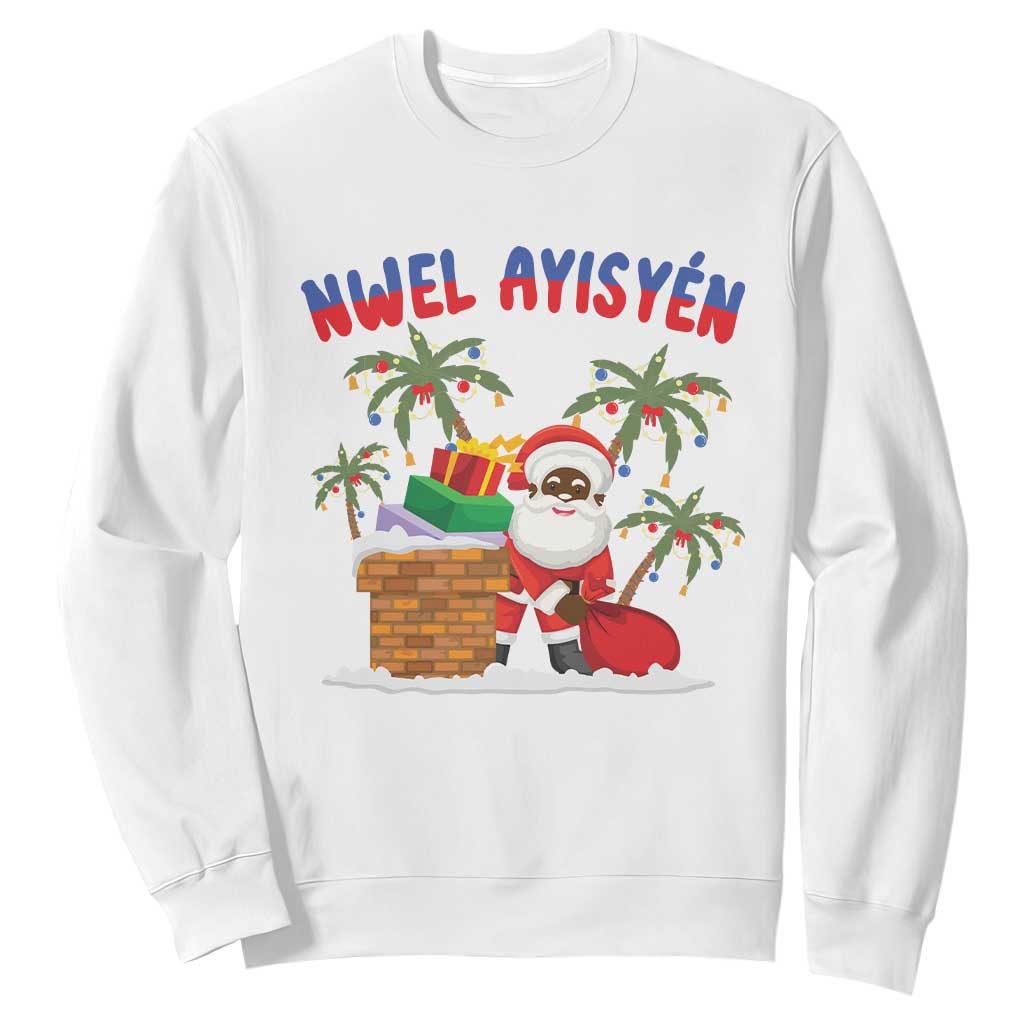 Funny Haitian Christmas Sweatshirt Nwel Ayisen Creole Santa Palm Tree TS09 White Print Your Wear