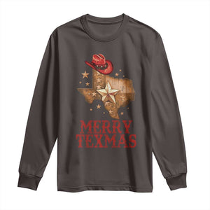 Christmas In Texas Long Sleeve Shirt Merry Texmas Santa Cowboy Hat TS09 Dark Chocolate Print Your Wear