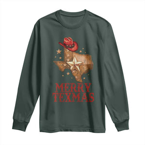 Christmas In Texas Long Sleeve Shirt Merry Texmas Santa Cowboy Hat TS09 Dark Forest Green Print Your Wear