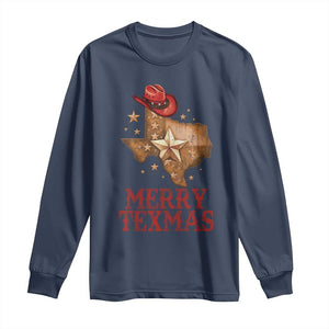 Christmas In Texas Long Sleeve Shirt Merry Texmas Santa Cowboy Hat TS09 Navy Print Your Wear